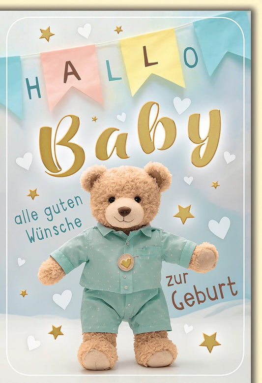Geburtskarte Neugeborene – Teddybär mit Herzanhänger und bunten Wimpeln