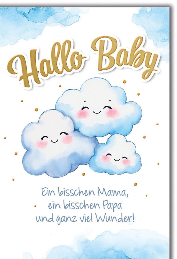 Geburtskarte Neugeborene – Wolkenfamilie mit Goldpunkten und Aquarell-Design