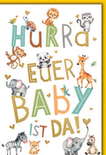 Geburtskarte Neutral – Bunte Tierbabys mit verspielten Buchstaben und Herzmotiven
