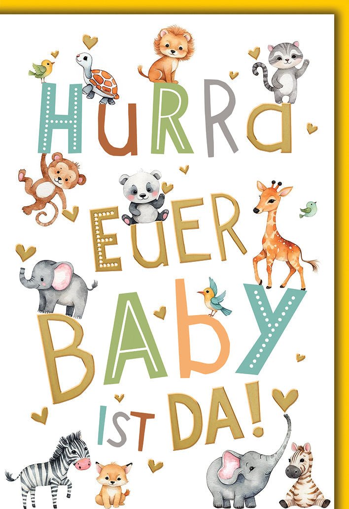 Geburtskarte Neutral – Bunte Tierbabys mit verspielten Buchstaben und Herzmotiven