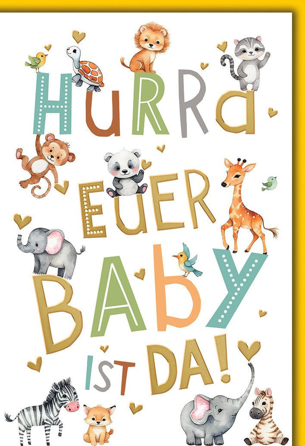 Geburtskarte Neutral – Bunte Tierbabys mit verspielten Buchstaben und Herzmotiven