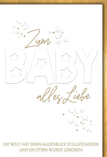 Geburtskarte Neutrales Design – Goldene Sterne und Monde mit zartem Schriftzug