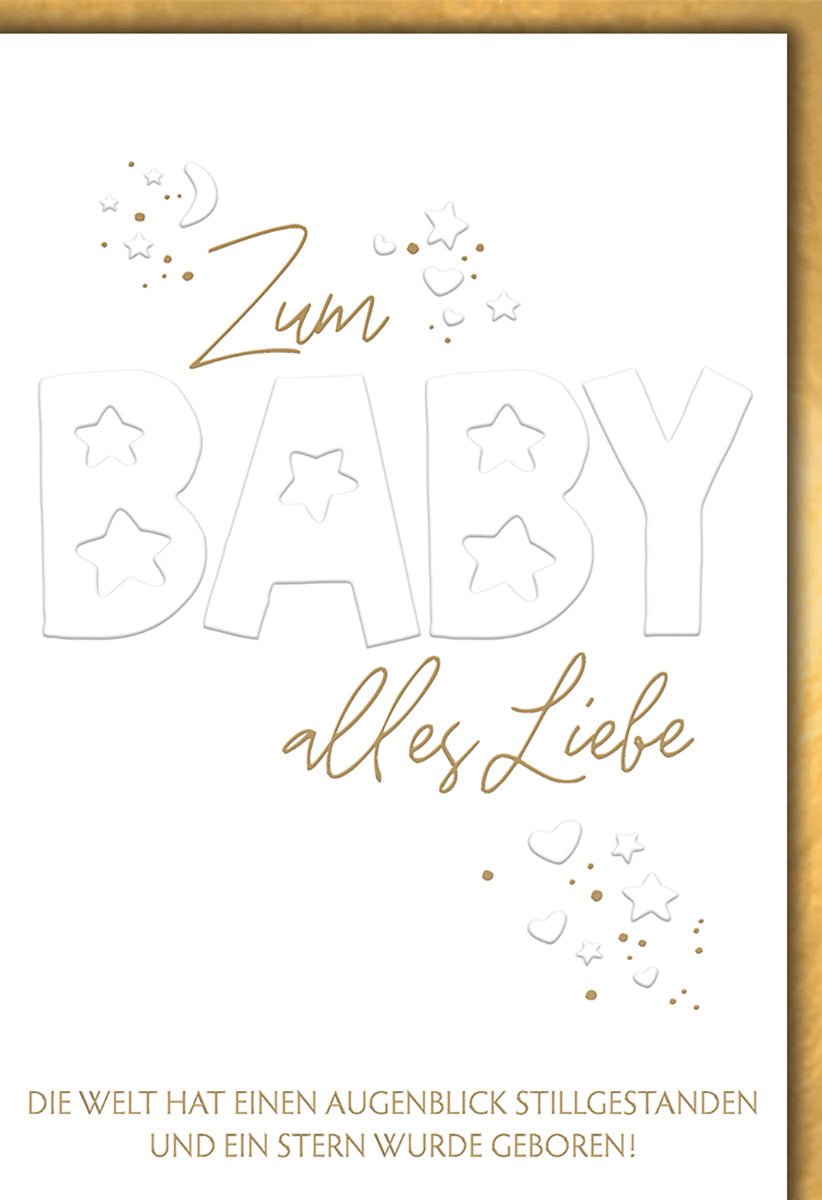 Geburtskarte Neutrales Design – Goldene Sterne und Monde mit zartem Schriftzug