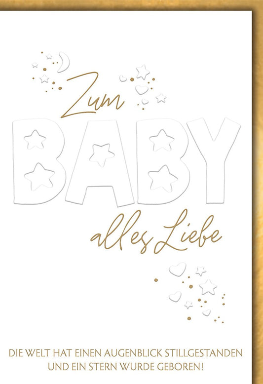 Geburtskarte Neutrales Design – Goldene Sterne und Monde mit zartem Schriftzug