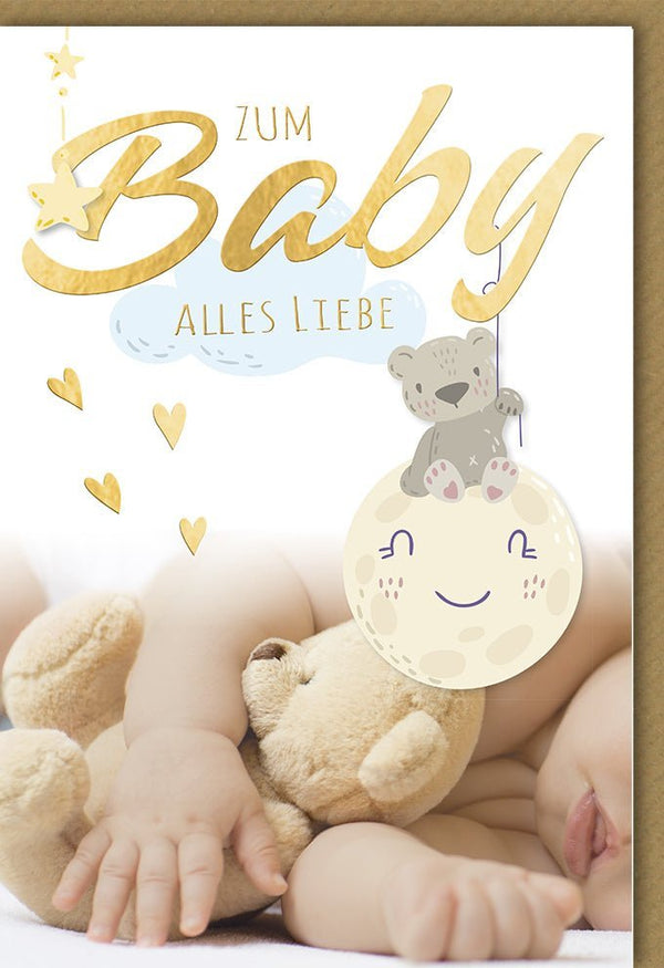 Geburtskarte - Niedliches Teddy & Mond Motiv, Herzliche Glückwünsche zur Babyparty für Eltern und Neugeborenes