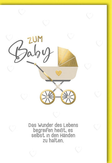 Geburtskarte - Stilvolle Karte mit Kinderwagen - Motiv, Goldakzenten & neutralen Tönen für Babyshower & Glückwünsche