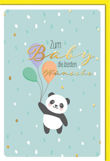 Geburtskarte: Süßer Panda mit Ballons und goldener Schrift auf mintgrünem Hintergrund