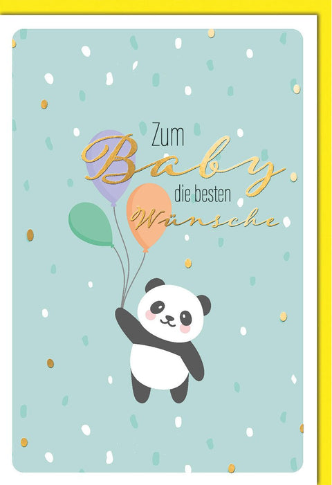 Geburtskarte: Süßer Panda mit Ballons und goldener Schrift auf mintgrünem Hintergrund