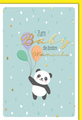 Geburtskarte: Süßer Panda mit Ballons und goldener Schrift auf mintgrünem Hintergrund