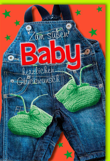 Geburtskarte - Unisex Glückwunsch zur Geburt mit Jeans Latzhose Motiv, Perfekt für Babyparty, Junge & Mädchen