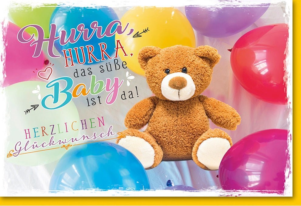 Geburtskarte - Willkommen Baby! Bunter Teddybär & Ballons, Herzliche Glückwünsche zur Geburt