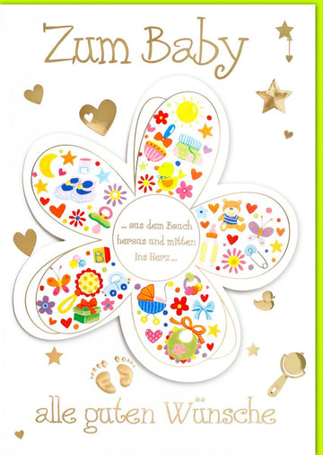 Geburtskarte XXL A4 – Herzliche Babykarte mit goldenen Sternen und Herzchen, Großformat zur Geburt