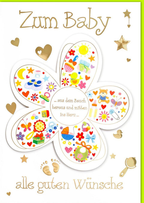 Geburtskarte XXL A4 – Herzliche Babykarte mit goldenen Sternen und Herzchen, Großformat zur Geburt