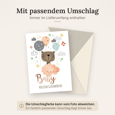 Geburtskarte XXL A4 - Neutrales Teddybär-Design mit Luftballons, Moderne Illustration für Unisex-Kinderzimmer, Farbenfrohe Glückwünsche zur Geburt