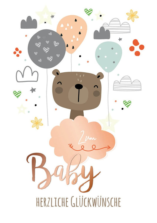 Geburtskarte XXL A4 - Neutrales Teddybär - Design mit Luftballons, Moderne Illustration für Unisex - Kinderzimmer, Farbenfrohe Glückwünsche zur Geburt