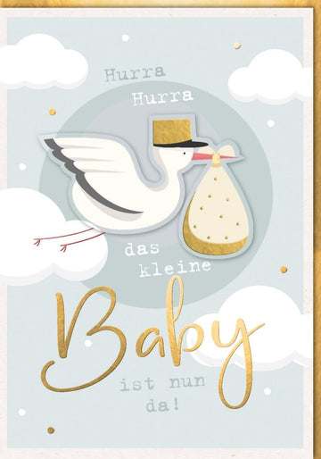 Geburtskarte XXL A4 - Stilvolle Babygrußkarte mit Storch & Sack Motiv zur Ankunft eines Neugeborenen