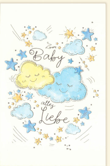 Geburtskarte – Zauberhafte Glückwünsche zur Geburt mit Sternen & Wolken, ideal für Babyshower & Babyparty, für Jungen & Mädchen