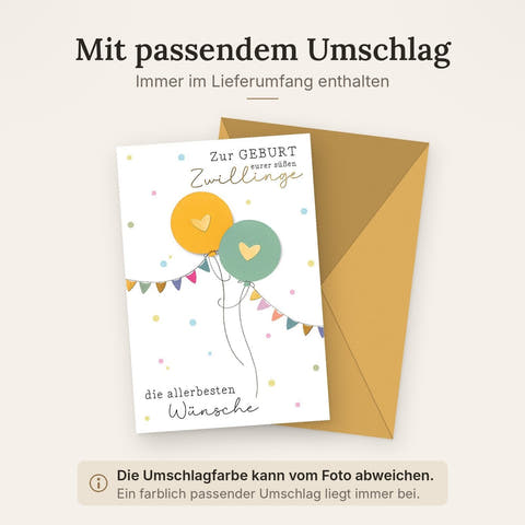 Geburtskarte Zwillinge – Bunte Luftballons mit Herzen und fröhlichen Girlanden