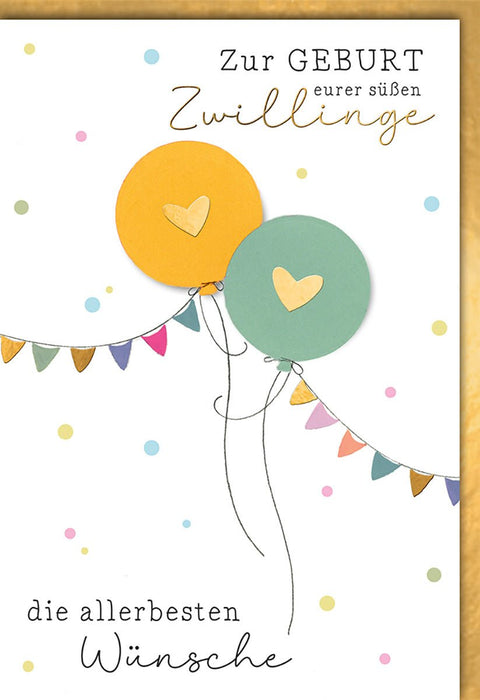 Geburtskarte Zwillinge – Bunte Luftballons mit Herzen und fröhlichen Girlanden