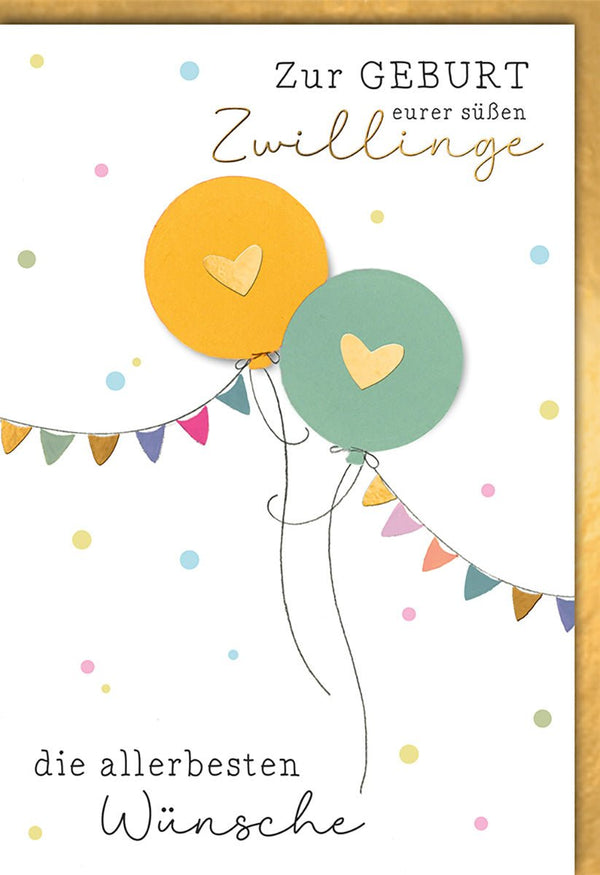 Geburtskarte Zwillinge – Bunte Luftballons mit Herzen und fröhlichen Girlanden