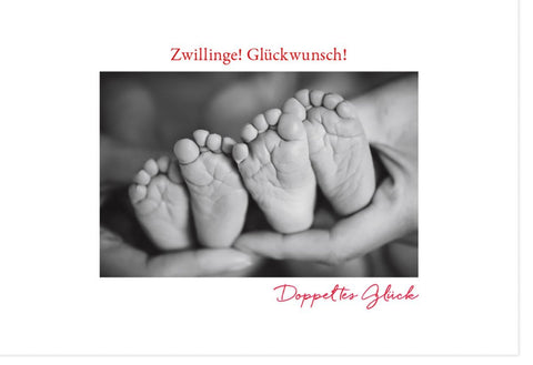 Geburtskarte Zwillinge - Glückwünsche zur Geburt von Geschwistern, Babyfüße Design