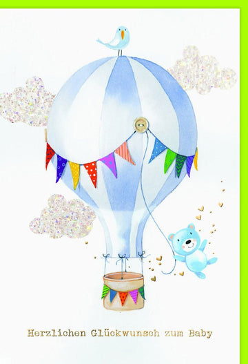 Geburtskarte Zwillinge: Heißluftballon mit Bär, Vogel & bunten Wimpeln - Herzliche Glückwünsche zur Geburt