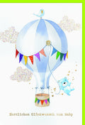 Geburtskarte Zwillinge: Heißluftballon mit Bär, Vogel & bunten Wimpeln - Herzliche Glückwünsche zur Geburt
