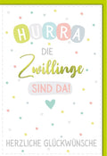 Geburtskarte Zwillinge: Herzliche Glückwünsche mit bunten Punkten und pastellfarbenem Design
