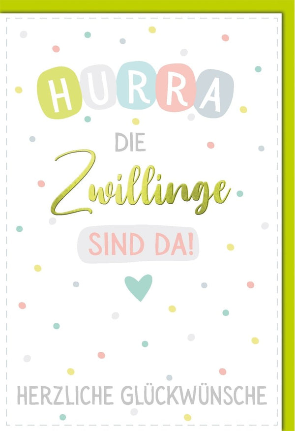 Geburtskarte Zwillinge: Herzliche Glückwünsche mit bunten Punkten und pastellfarbenem Design