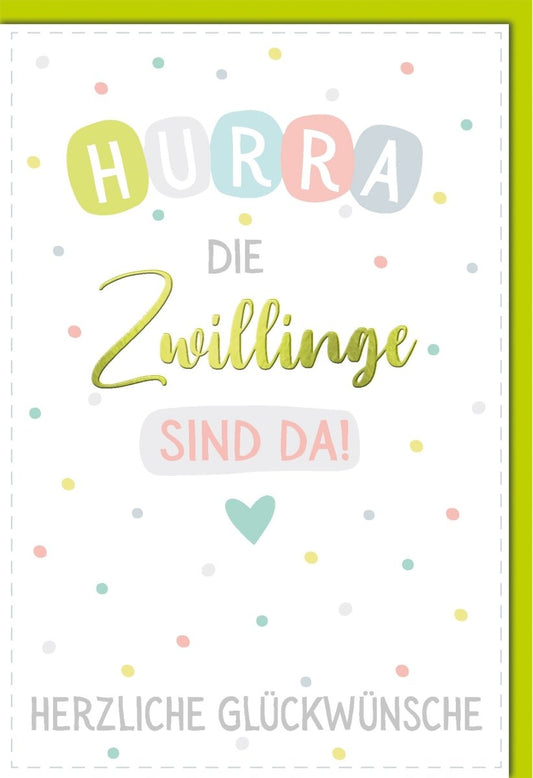 Geburtskarte Zwillinge: Herzliche Glückwünsche mit bunten Punkten und pastellfarbenem Design