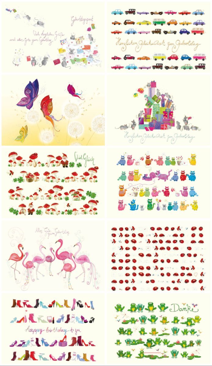 Geburtstags - Postkarten Set 10er, Dankeskarten auf Naturpapier in Premiumqualität