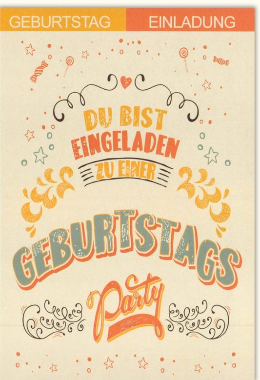 Geburtstagseinladung im Vintage Retro Design – Feierliche Illustration und Dekorative Schreibschrift auf Buntpapier für Partyfreude