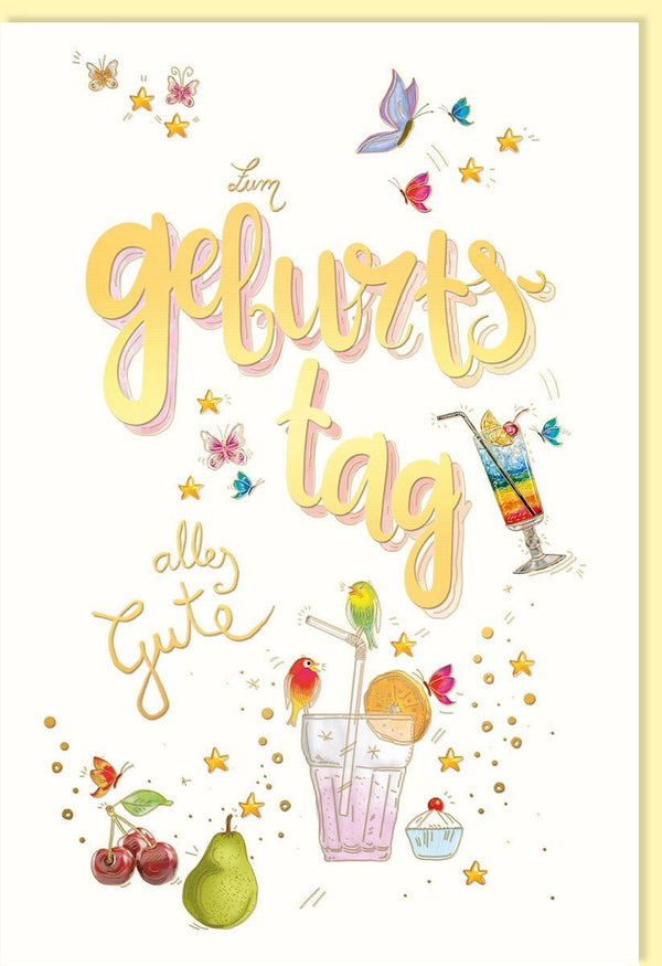 Geburtstagsgruß mit Schmetterlingen & Vögeln – Bunte Karte auf Naturkarton, Goldfolie & Prägung, Gelb
