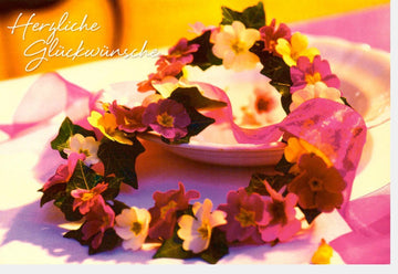 Geburtstagsgrußkarte - Farbenfrohes Blumenherz mit Herzlichem Spruch & Tischdekoration