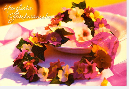 Geburtstagsgrußkarte - Farbenfrohes Blumenherz mit Herzlichem Spruch & Tischdekoration