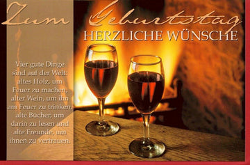 Geburtstagsgrußkarte mit Weinmotiv und Freundschaftszitat für besondere Momente