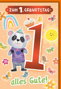 Geburtstagskarte 1 Jahr Kinder – Niedlicher Panda mit Regenbogen und Sonnenschein