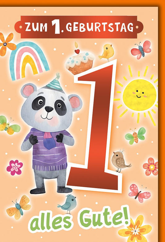 Geburtstagskarte 1 Jahr Kinder – Niedlicher Panda mit Regenbogen und Sonnenschein