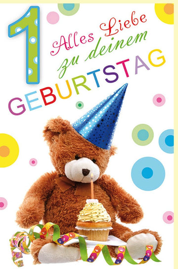 Geburtstagskarte 1 Jahr - Teddybär mit Partyhut & Cupcake, Bunte Karte zum ersten Kindergeburtstag voller Konfetti - Spaß