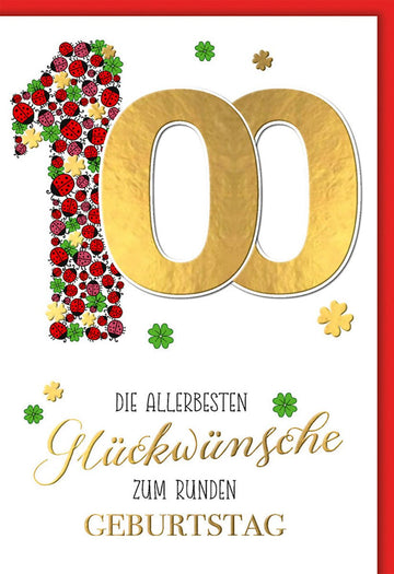 Geburtstagskarte 100 Jahre – Goldene 100 mit Marienkäfern und Kleeblättern