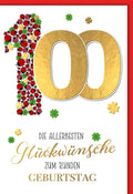 Geburtstagskarte 100 Jahre – Goldene 100 mit Marienkäfern und Kleeblättern