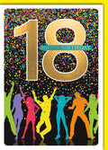 Geburtstagskarte 18 Jahre – Bunte Silhouetten mit Goldakzent und Konfetti-Design