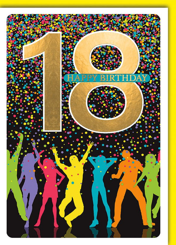 Geburtstagskarte 18 Jahre – Bunte Silhouetten mit Goldakzent und Konfetti-Design