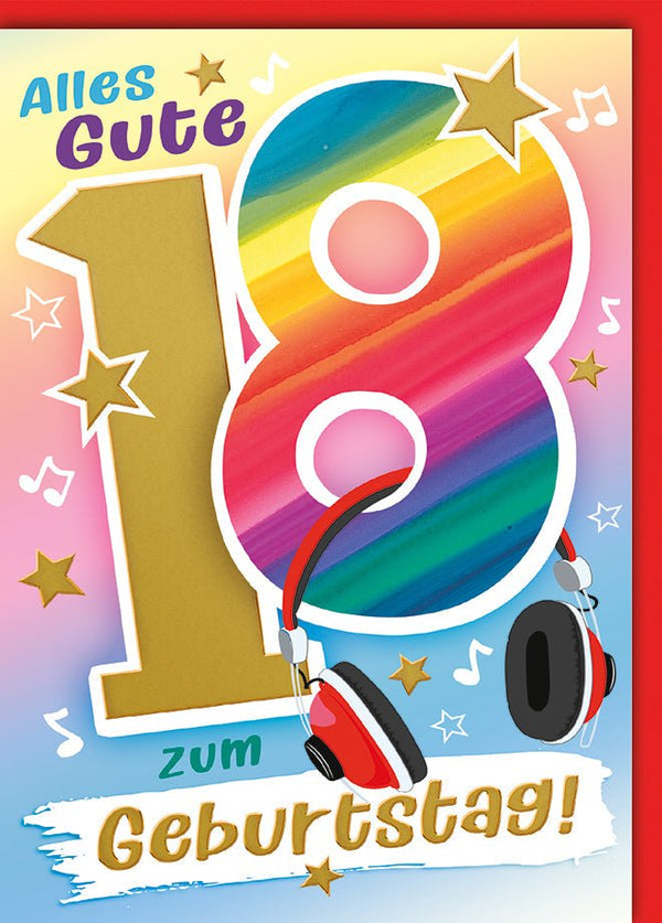 Geburtstagskarte 18 Jahre – Bunte Zahl mit Kopfhörern und Musiknoten in lebhaften Farben