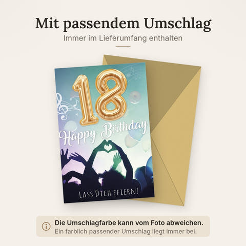 Geburtstagskarte 18 Jahre - Feierliche Volljährigkeit mit Ballons, Musik & Gold Konfetti