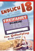 Geburtstagskarte 18 Jahre – Freifahrtschein mit Auto und humorvollem Design