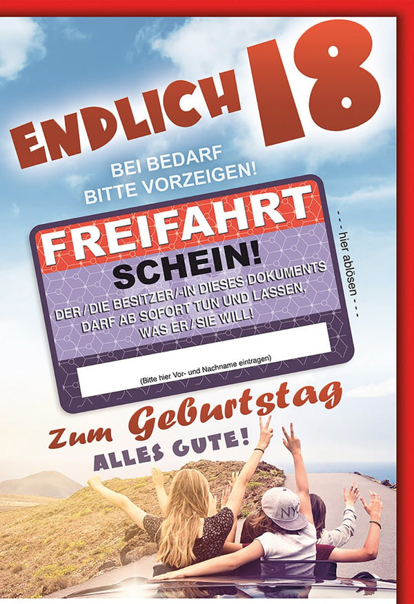 Geburtstagskarte 18 Jahre – Freifahrtschein mit Auto und humorvollem Design