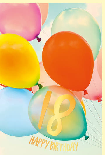 Geburtstagskarte 18 Jahre - Fröhliche Luftballons & Party - Motiv, Glückwünsche zum Erwachsenwerden