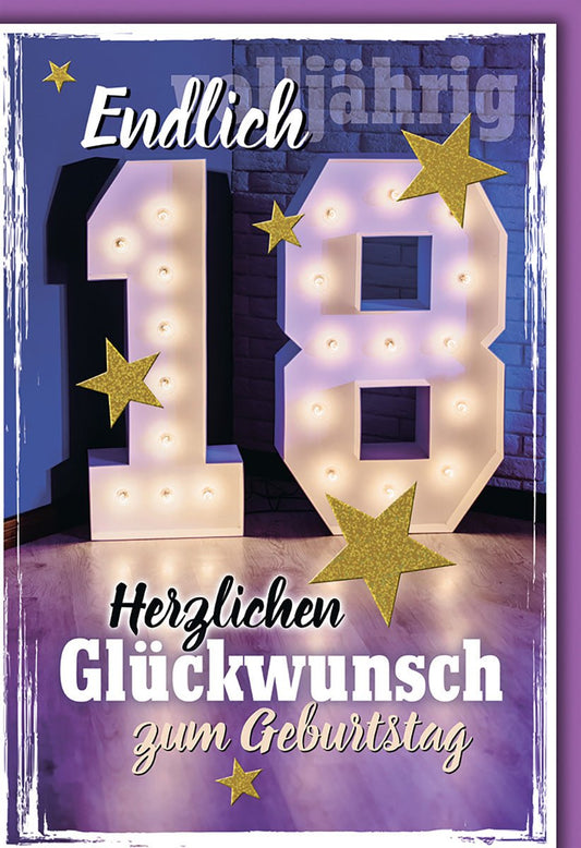 Geburtstagskarte 18 Jahre – Leuchtende 18 mit goldenen Sternen und modernem Design