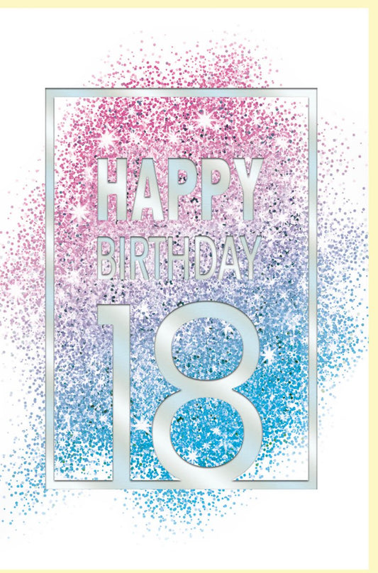 Geburtstagskarte 18 Jahre mit Glitzer - Effekt und modernem Design in Pink Blau Silber für Jugendliche zum besonderen Geburtstag